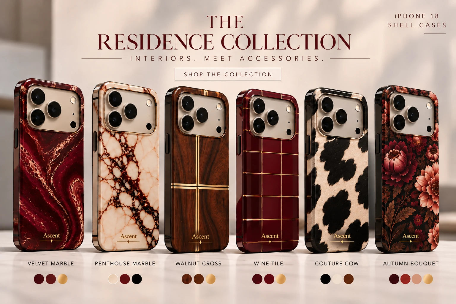 The Residence Collection: Velvet Marble, Penthouse Marble, Walnut Cross, Wine Tile, Couture Cow, and Autumn Bouquet